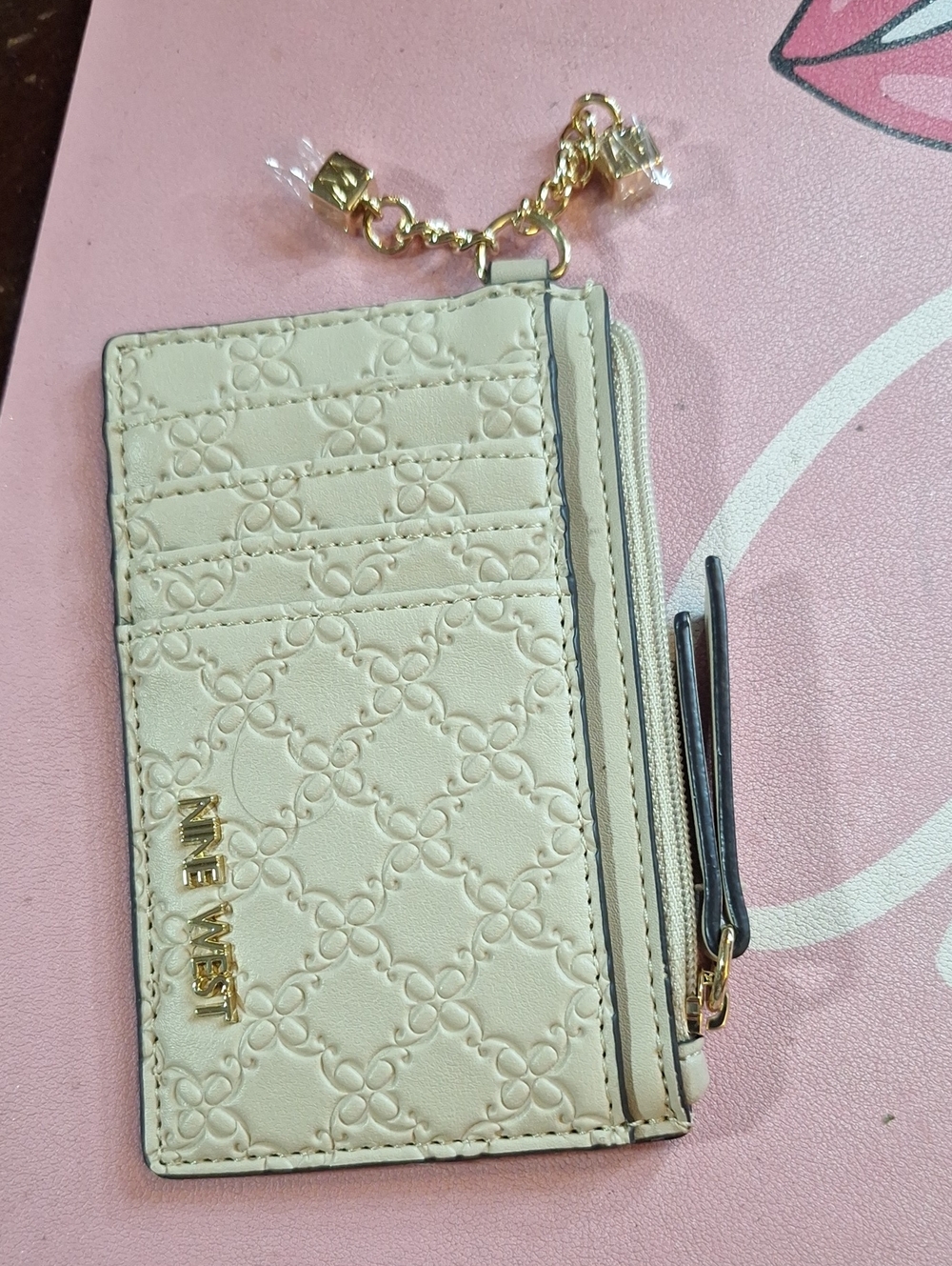 Nine West Cream Quilted Card Holder with Gold Keychain